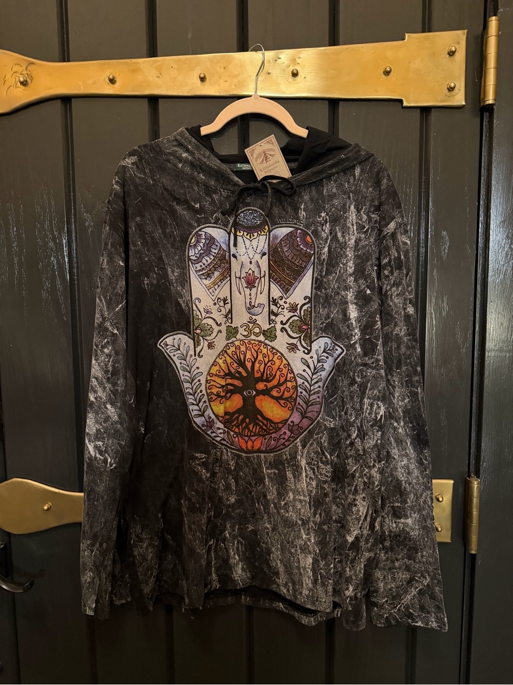 KATHMANDU IMPORTS Hamsa Tree Of Life Graphic Pullover Hoodie Jacket Unisex XL
